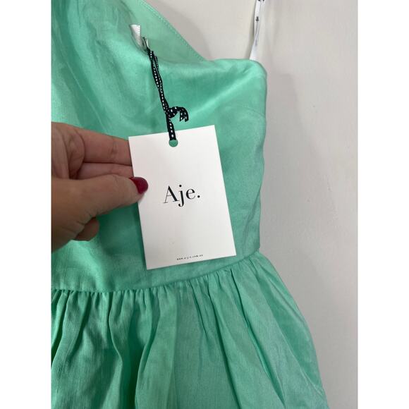 NWT Aje Bonjour Asymmetric One Shoulder Mini Dress Marine Green Size: 6 - Picture 4 of 9